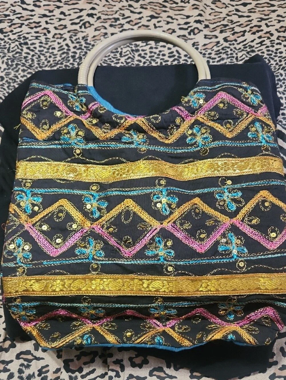 Homemade Black Embroidered Boho Bag with Gold, Pink and Blue Accents
